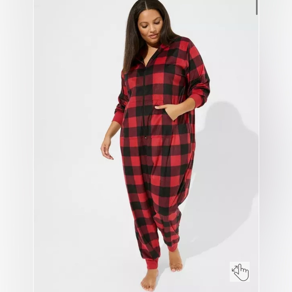 Torrid Fleece Hooded Back Flap Lounge Onesie 0/00 buffalo plaid